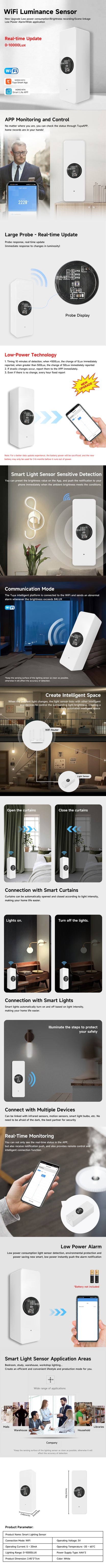 WiFi brightness sensors, light sensors, illumination brightness detectors and other smart home devices with Tuya Smart Life devi