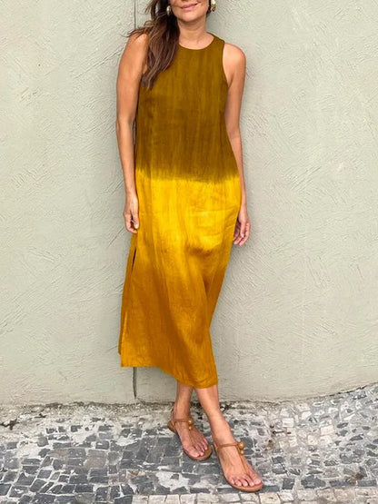 2024 Women Gradient Dress Split Sleeveless Maxi Dresses New Summer Casual Fashion Female High Street Vestidos