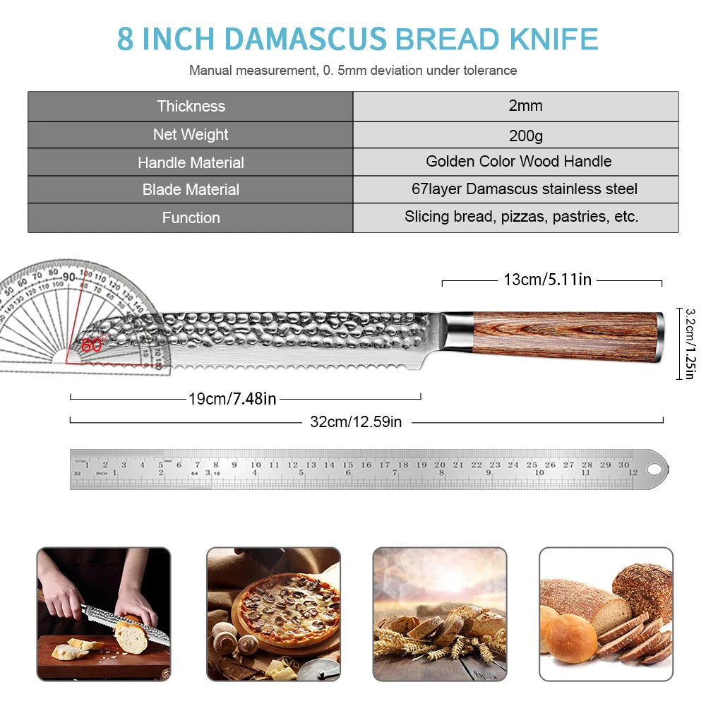 Bread Knife Damascus Forged Steel Pro Grade Bread Slicing Knife 8-Inch Serrated Edge Cake Knife, Bread Cutter for Crusty Bread