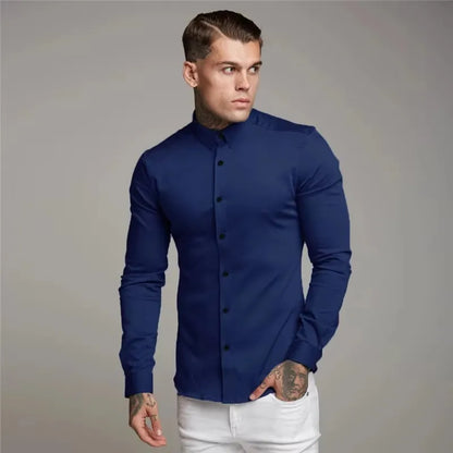 Men's Shirt Fashion Full Sleeve Shirt Men's Muscle Casual Slim-fit Business Dress Solid Color Shirt Men's Gym Fitness Men Shirt