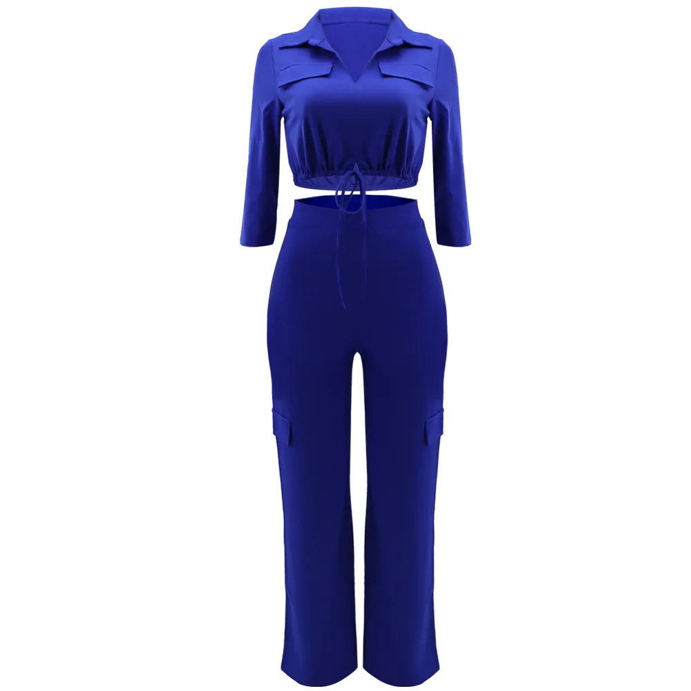 Elegant Office Women Two Piece Sets Autumn V Turn-down Neck Half Sleeve Drawstring Lace Up Short Shirt + Wide Leg Trousers Set