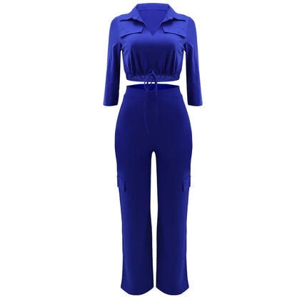 Elegant Office Women Two Piece Sets Autumn V Turn-down Neck Half Sleeve Drawstring Lace Up Short Shirt + Wide Leg Trousers Set