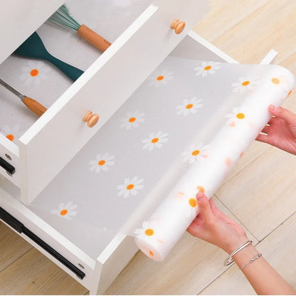 Non-Adhesive Drawer Liner 1 Roll Daisy Shelf Liner For Kitchen Cabinets EVA Waterproof Fridge Pad Cupboard Mat Easy Placemats
