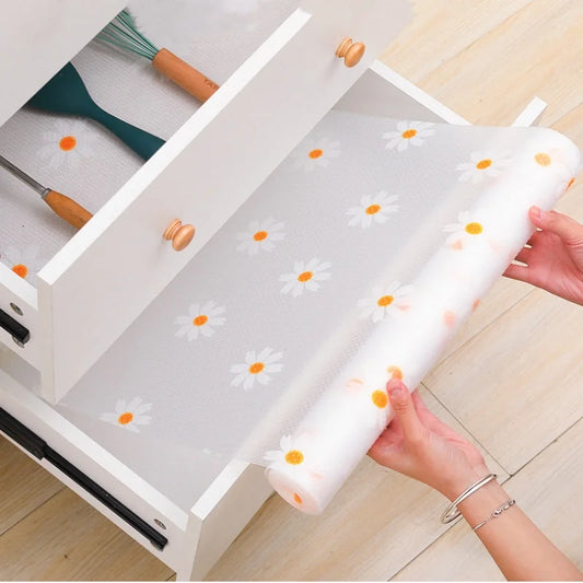 Non-Adhesive Drawer Liner 1 Roll Daisy Shelf Liner For Kitchen Cabinets EVA Waterproof Fridge Pad Cupboard Mat Easy Placemats