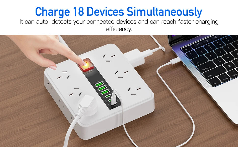 Australian plug power board 6/12 power sockets 6 USB (3A+3C) smart charging overload protection switch 1.8M extension cable