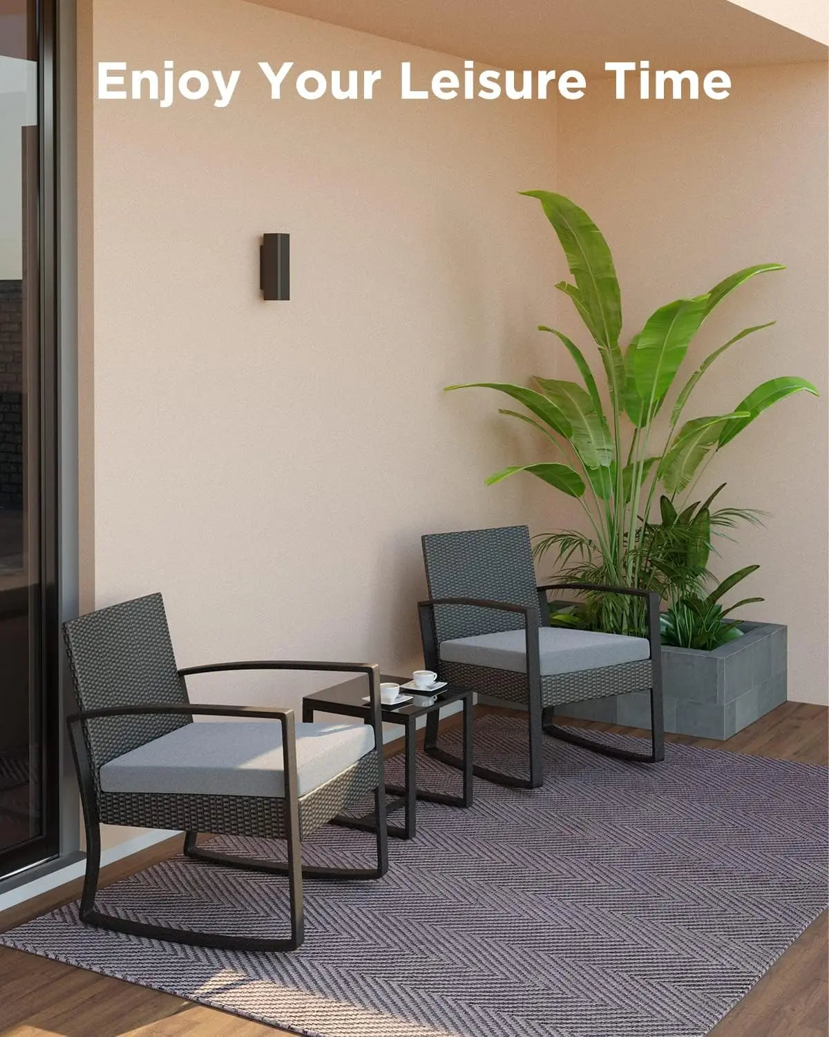 3 Pieces Patio Furniture Set Rocking Bistro Set Outdoor Rattan Conversation with Coffee Table for Garden Balcony Backyard