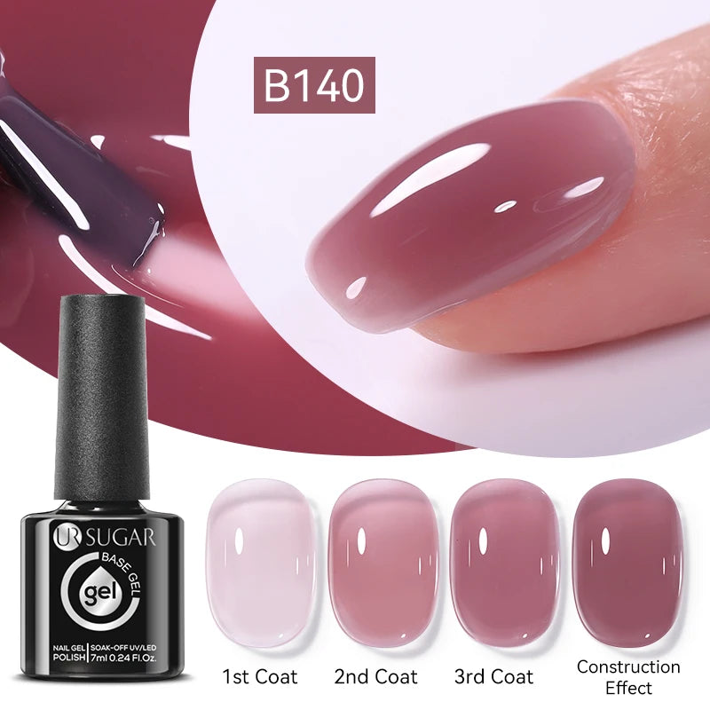 UR SUGAR 7ml Pale Pink Rubber Base Gel Nude Color Semi Permant Soak Off UV LED Self-leveling Gel Varnishes Great Coverage