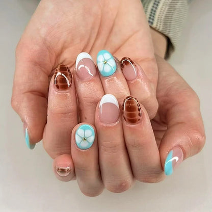24pcs White Flower Fake Nail Tips Ins Yellow Pink Blush False Nails Wearable Full Cover European Almond Shaped Press on Nails