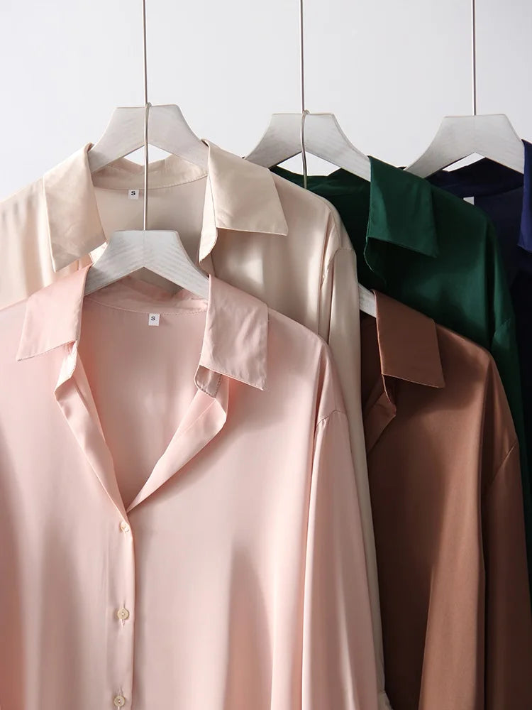 Office Wear Women Shirts Satin Blouse Luxury Pink Long Sleeve Formal Shirts Female Button Silk Tops For Women Elegant All-Match