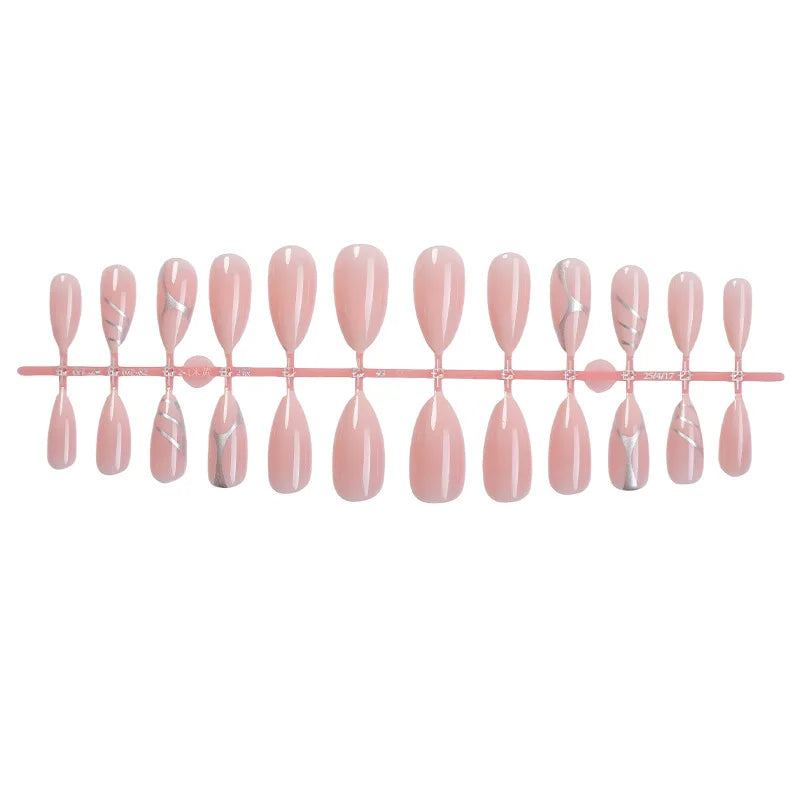 24PCS Press on Nails Bare Pink Metal Line Wearing Armor Medium Long Almond Shaped Women's Wearable Fake Nail Plate