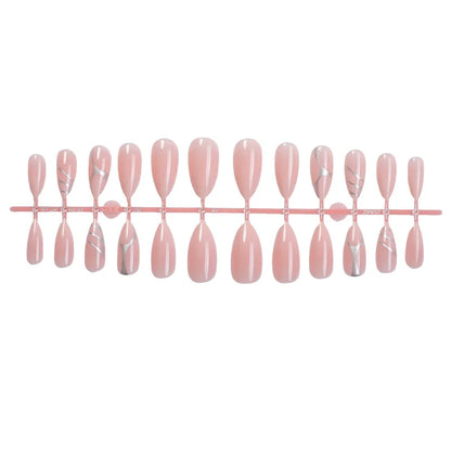 24PCS Press on Nails Bare Pink Metal Line Wearing Armor Medium Long Almond Shaped Women's Wearable Fake Nail Plate