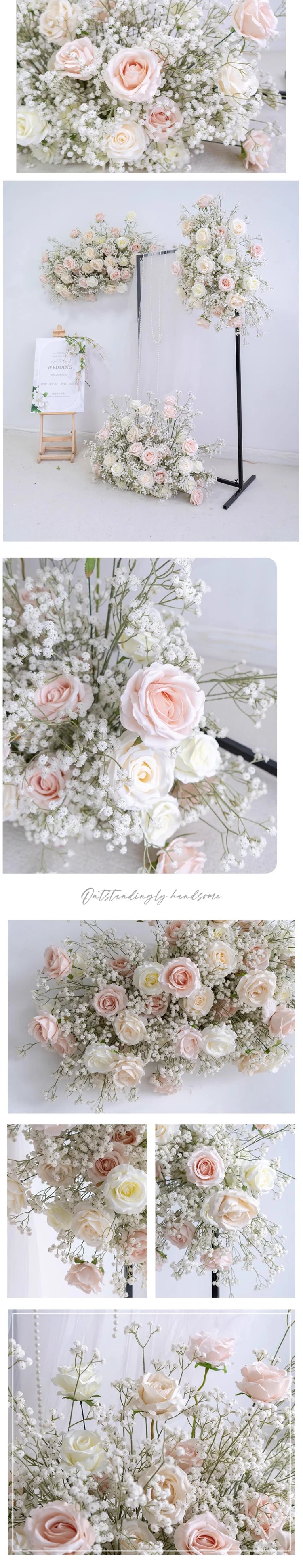 Luxury White Rose Babys breath Artificial Flower Row Wedding Backdrop Arch Decor Hang Floral Arrangement Event Party showcase