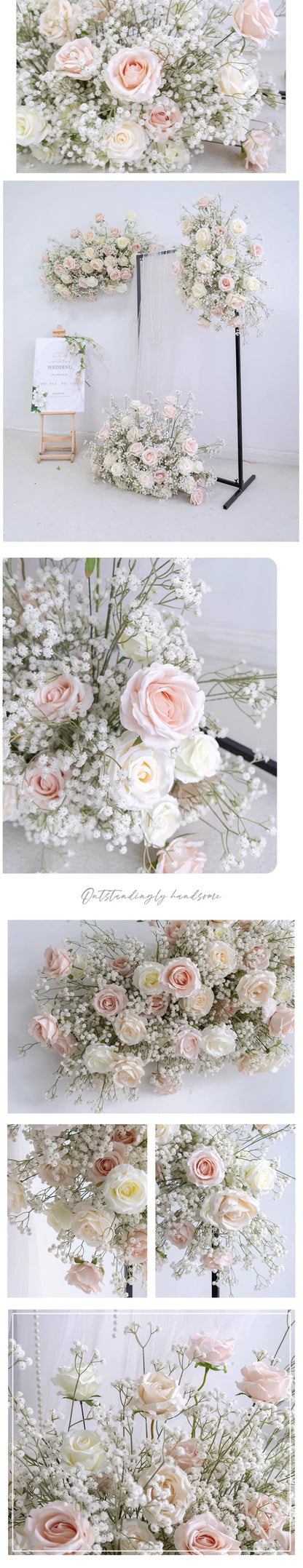 Luxury White Rose Babys breath Artificial Flower Row Wedding Backdrop Arch Decor Hang Floral Arrangement Event Party showcase
