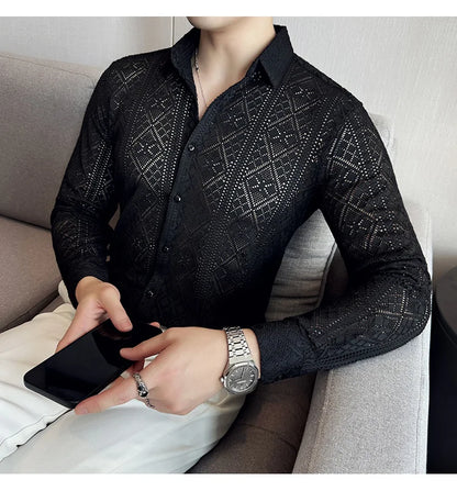 Quality Hollow Shirts For Men Korean Luxury Clothing Fashion Sexy Lace Men's Social Shirt Dress Slim Fit Long Sleeve Prom Tuxedo