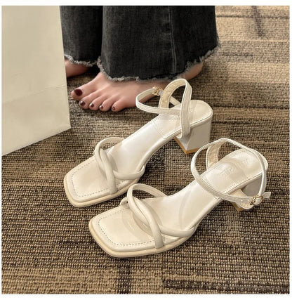 Sandals, 2024 Summer New Fashion Gentle Retro Chunky Non-slip Sandals, A Line with 5cm High Heels Summer Beach Sandals