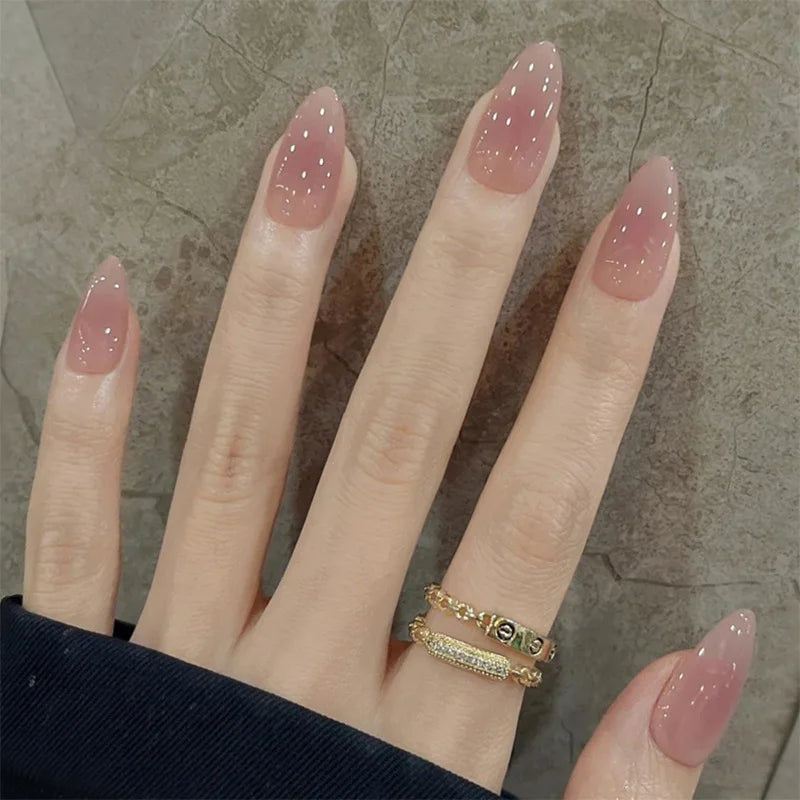 24Pcs Almond Pure Handmade Press On Nails Full Cover Butterfly French Pearl Diamond False Nails Wearable Manicure Nail Tips Art