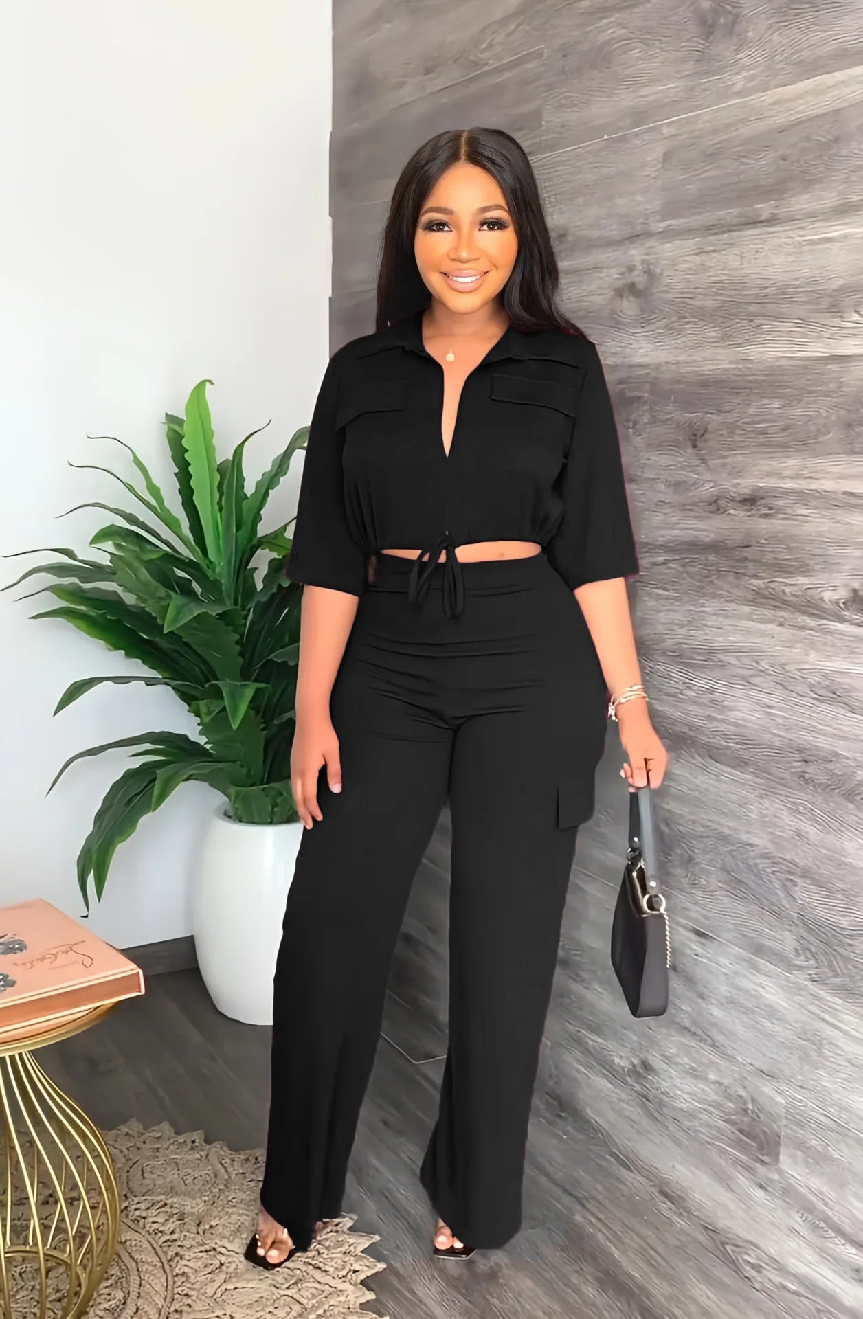 Elegant Office Women Two Piece Sets Autumn V Turn-down Neck Half Sleeve Drawstring Lace Up Short Shirt + Wide Leg Trousers Set