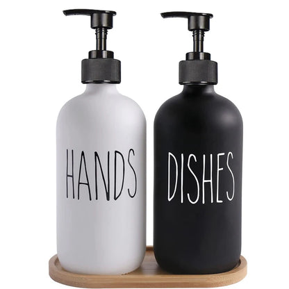 Set Plastic Home Kitchen Dish Soap Dispenser Bathroom Shampoo Lotions 500ml Lotions Empty Bottles Wooden Tray