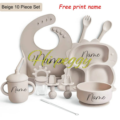 Baby Silicone Tableware Dinosaur Plate Dishes For Kids Personalized Name Baby Feeding Sets Fruit Feeder Baby Led Weaning Supplie