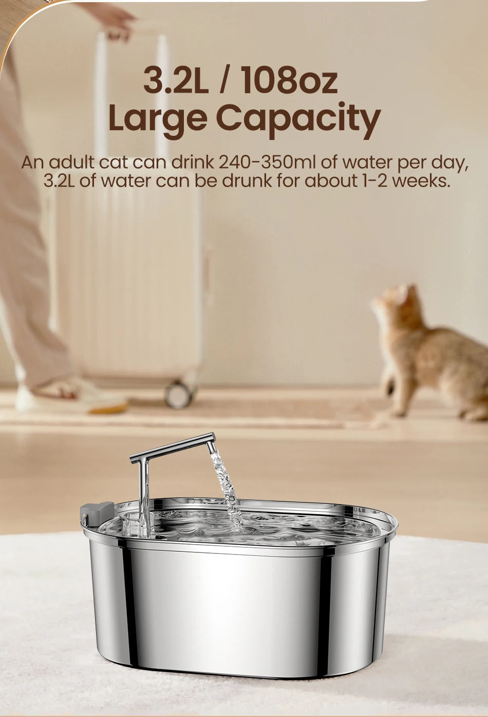 ROJECO Stainless Steel Cat Water Fountain Automatic Pet Water Dispenser Cat Drinking Fountain Auto Drinker For Dogs Accessories