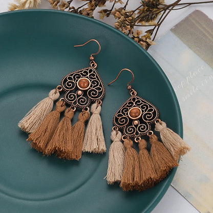 Bohemian Brown Geometric Fringe Earrings for Women Vintage Hollow Flower Beads Tassel Earrings Girls Party Jewelry Gifts