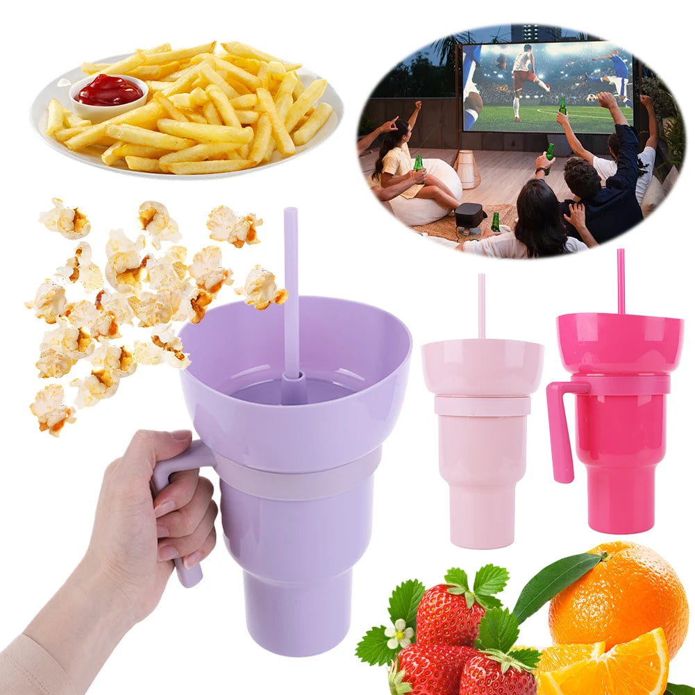 1000ml Cup and Bowl Combo Multifunction Stadium Tumbler Snack and Drink Cup 2 In 1 with Straw & Handle for Cinema Home Travel