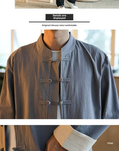 Traditional Chinese Men's Tang Suit Cotton Linen Ancient Costume Tea Servant Zen Meditation Clothing Middle Mountain Hanfu