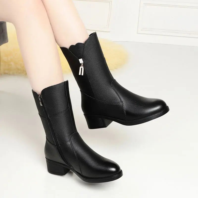 Footwear Half High Women's Boots Middle Heel Shoes for Woman Black Rhinestone Mid Calf Fashion 2024 Designer Luxury Goth Pu Boot
