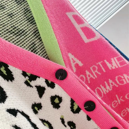 Joskaa Women Knitted Oversized Sweaters Y2k Denim Patchwork Leopard V-neck Long Sleeve Cardigans Coat Female Outwear Streetwear