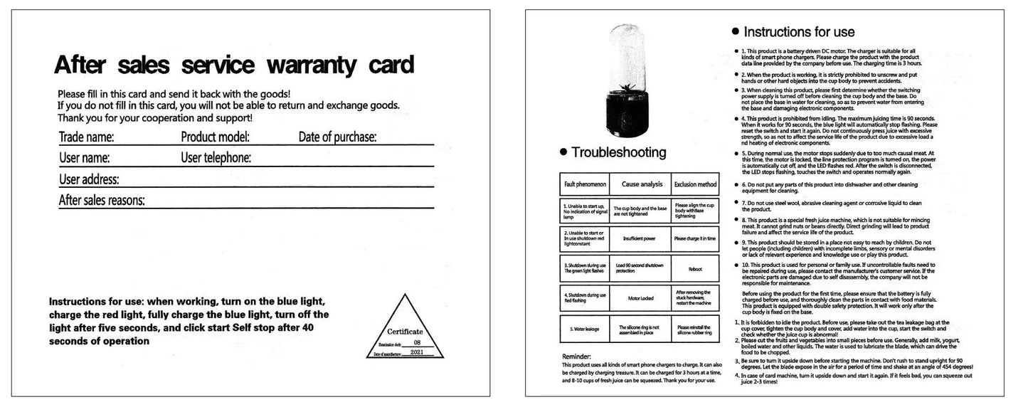 Electric Blender Juicer USB Fast Rechargeable Mixer Fresh Fruit Grinder Portable Multifunction Cup Shakes Smoothie Maker