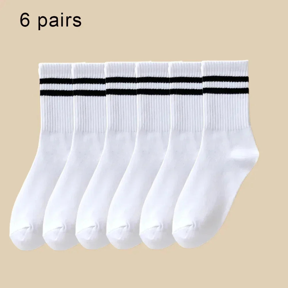 6Pairs Autumn Winter Women's Mid-Tube Socks Solid Colour Breathable Comfortable Sports Sweat Absorbent Man and  Women's Socks