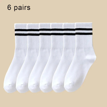 6Pairs Autumn Winter Women's Mid-Tube Socks Solid Colour Breathable Comfortable Sports Sweat Absorbent Man and  Women's Socks