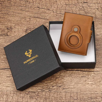 Cowhide Leather Men's Wallet RFID Blocking Protect Cardholder Automatic Card Case for Women with Apple AirTag Holder