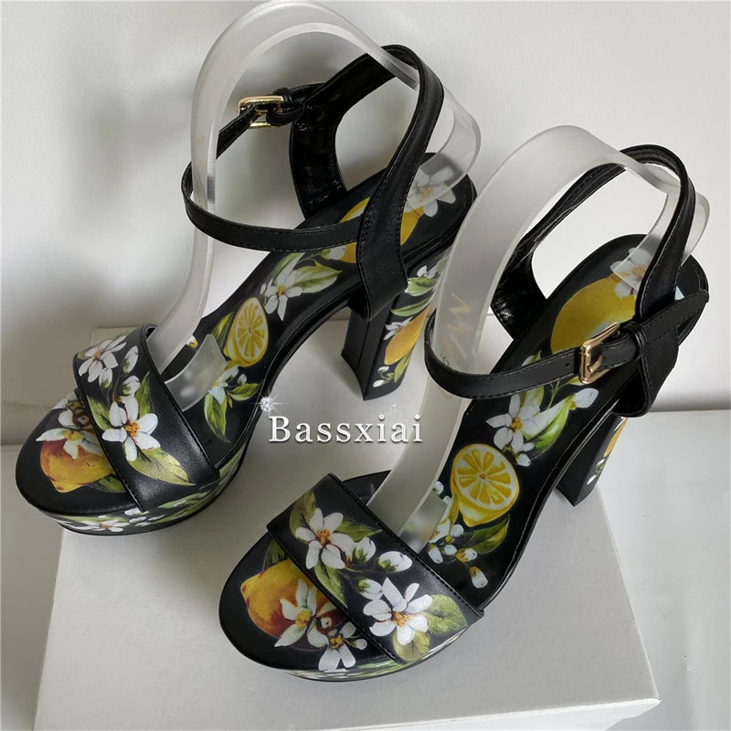 2025 Print Flower High Platform Sandals Women Chunky Heel Genuine Leather Ankle Strap Party Shoes Summer