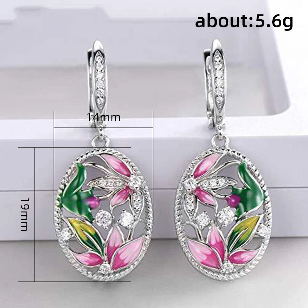 Huitan Creative Design Pink Flowers Enamel Earrings for Women Silver Color Luxury Crystal CZ Green Leaf Earrings Fashion Jewelry