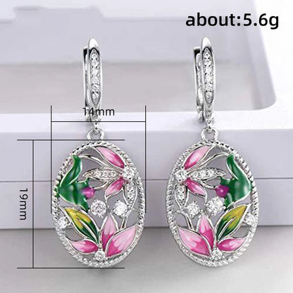 Huitan Creative Design Pink Flowers Enamel Earrings for Women Silver Color Luxury Crystal CZ Green Leaf Earrings Fashion Jewelry