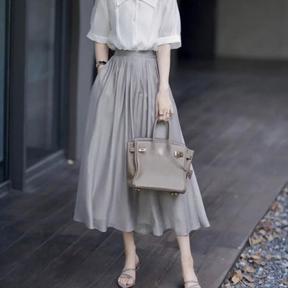Skirts for Women Silk Clothing Office Satin Long Womens Skirt Maxi Grey with Pocket Formal Trend Korean Style Cheap Summer 2024