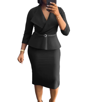 Elegant Office Dresses for Woman V Neck Full Sleeve Belt Waisted Sheath Package Hips Mid Calf Formal Business Work Wear Gowns OL