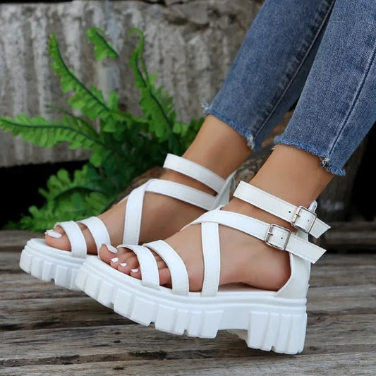 Chunky High Heels Roman Sandals for Women 2024 Summer Ankle Strap Plarform Sandals Woman Strap Thick Heeled Party Shoes