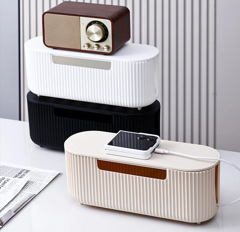 Creative Simple Wire Box Bamboo Wood Cover Cable Management Box Plug Board Storage Box Power Cord Charger Storage