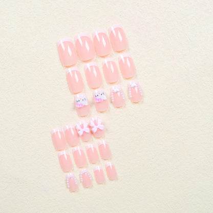 24 Medium Square Nail Pink French Cute Cartoon Cat White Love Camellia Nail Patch Jelly Powder Bow Wear Nail Set
