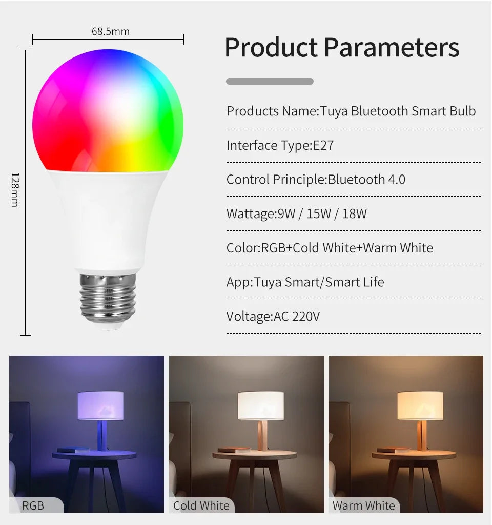 220V Tuya Smart Bluetooth LED Light Bulbs E27 9W 15W 18W RGB Bulbs APP Control Dimmable Timer Function For Bedroom Living Room