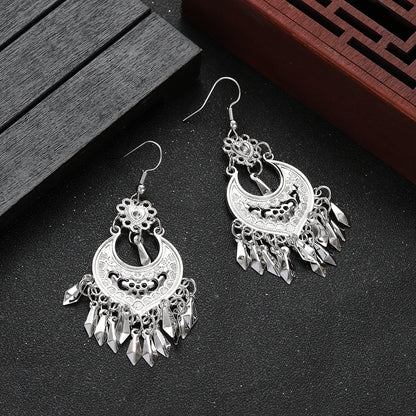 Ethnic Tibetan Silver Heart Shaped Flower Tassel Earrings Metal Alloy Pendant Jewelry Women's Vintage Bohemian Earrings