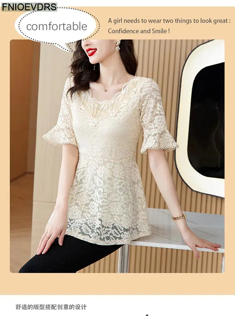 Office Shirts Basic Wear New Design 2025 Women Elegant Fashion Work Lady Bling Beaded Flare Sleeve Lace Tops Blouses