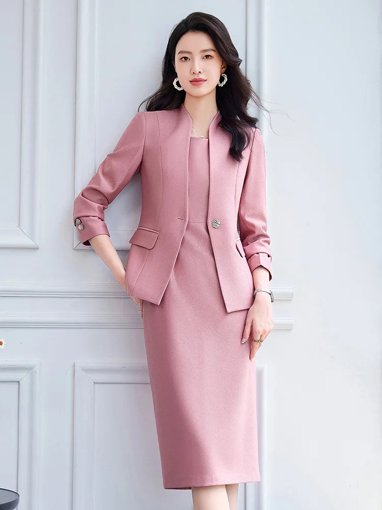 Office Suit Women Collarless Blazer + Vest Dress Set Executive Lady Workwear Elegant 2 Piece Set Long Sleeve Pink Suit Jacket