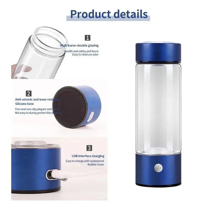 Hydrogen Water Bottle, Portable Hydrogen Water Ionizer Machine Generator Rechargeable Hydrogen Rich Water Glass Health Cup