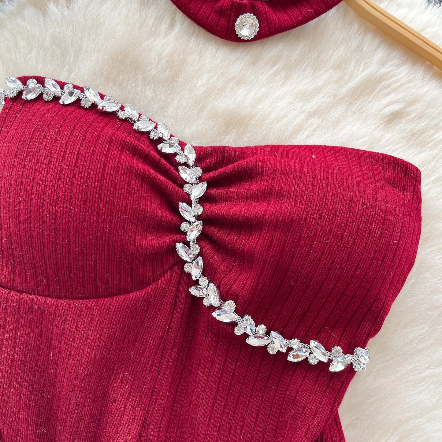 SINGREINY Strapless Sexy Ladies Top Summer Halter Beading Design Split Camisole Korean Skinny Streetwear Hotsweet Tank Top