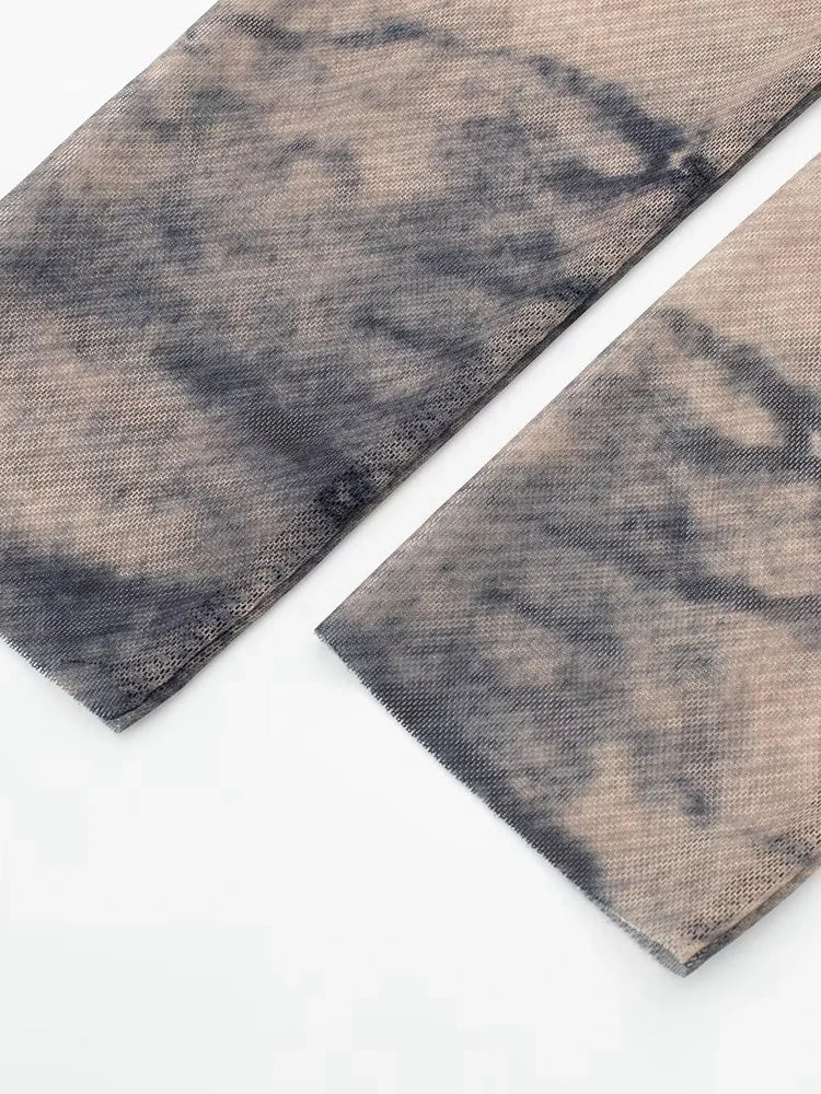 Tangada 2024 Women Print Pleated Mesh Dress Long Sleeve Sexy Famle Stand Collar Maxi Dresses 3H406