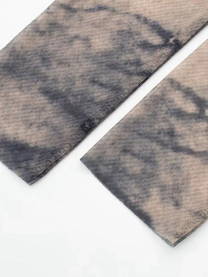 Tangada 2024 Women Print Pleated Mesh Dress Long Sleeve Sexy Famle Stand Collar Maxi Dresses 3H406