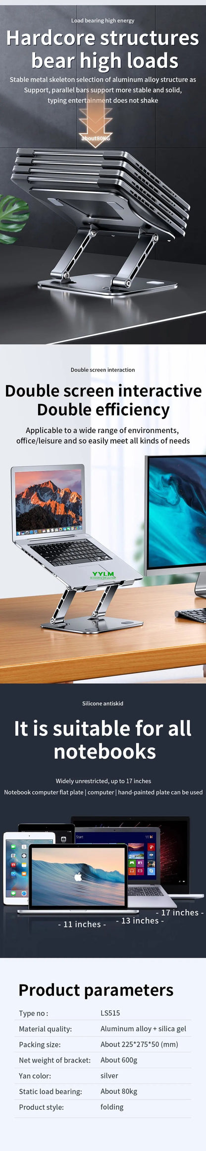Phone Tablet Stand Adjustable Aluminum Alloy laptop Tablet up to 17 "Laptop Portable Folding stand Cooling stand support